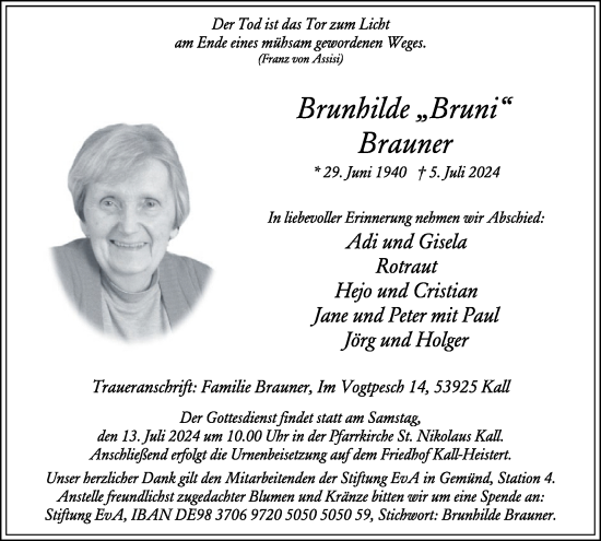 Traueranzeige von Brunhilde Brauner von WochenSpiegel