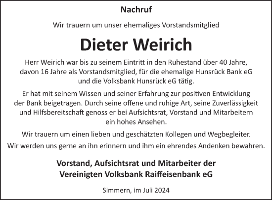 Traueranzeige von Dieter Weirich von WochenSpiegel