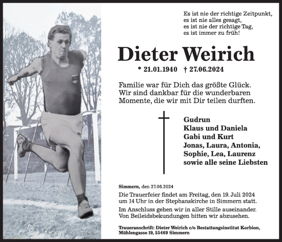 Traueranzeige von Dieter Weirich von WochenSpiegel