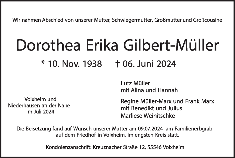  Traueranzeige für Dorothea Erika Gilbert-Müller vom 27.07.2024 aus WochenSpiegel