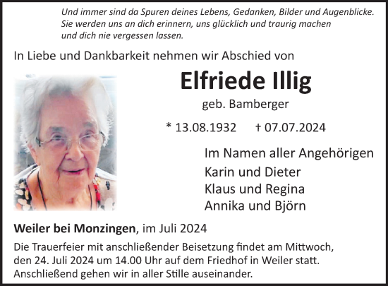 Traueranzeige von Elfriede Illig von WochenSpiegel