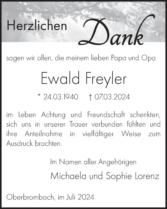 Traueranzeige von Ewald Freyler von WochenSpiegel