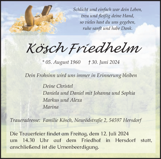 Traueranzeige von Friedhelm Kösch von WochenSpiegel