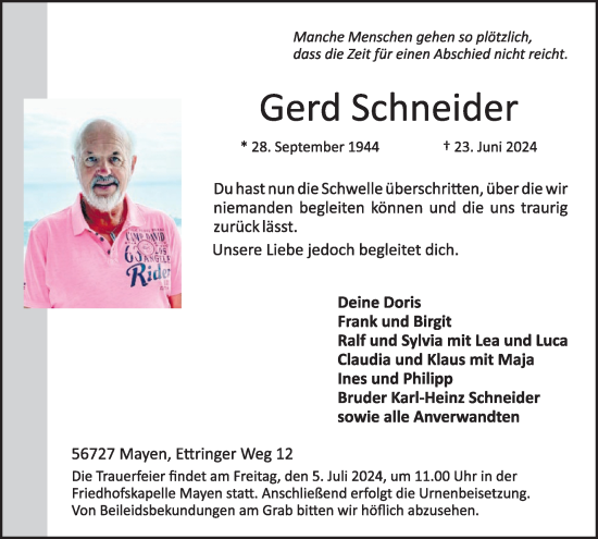 Traueranzeige von Gerd Schneider von WochenSpiegel