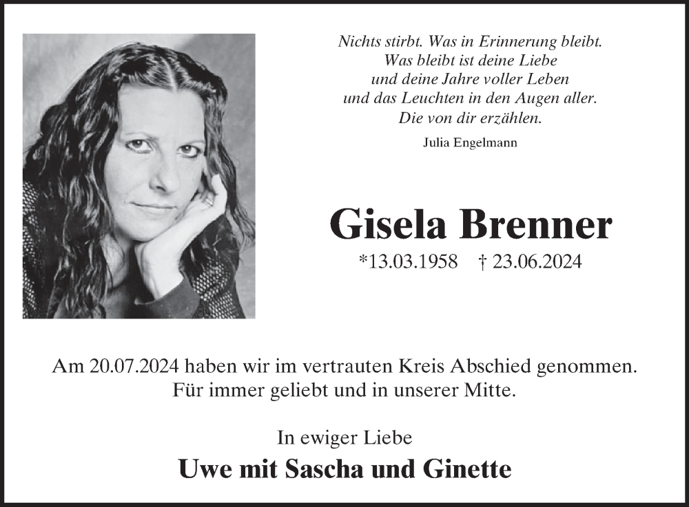  Traueranzeige für Gisela Brenner vom 24.07.2024 aus WochenSpiegel