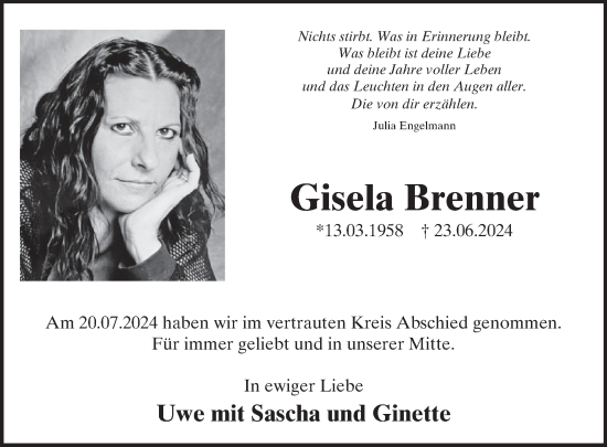 Traueranzeige von Gisela Brenner von WochenSpiegel