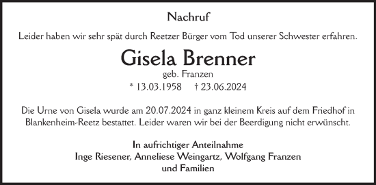 Traueranzeige von Gisela Brenner von WochenSpiegel