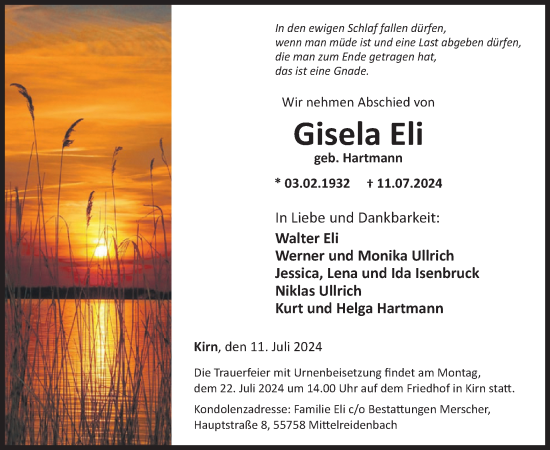 Traueranzeige von Gisela Eli von WochenSpiegel