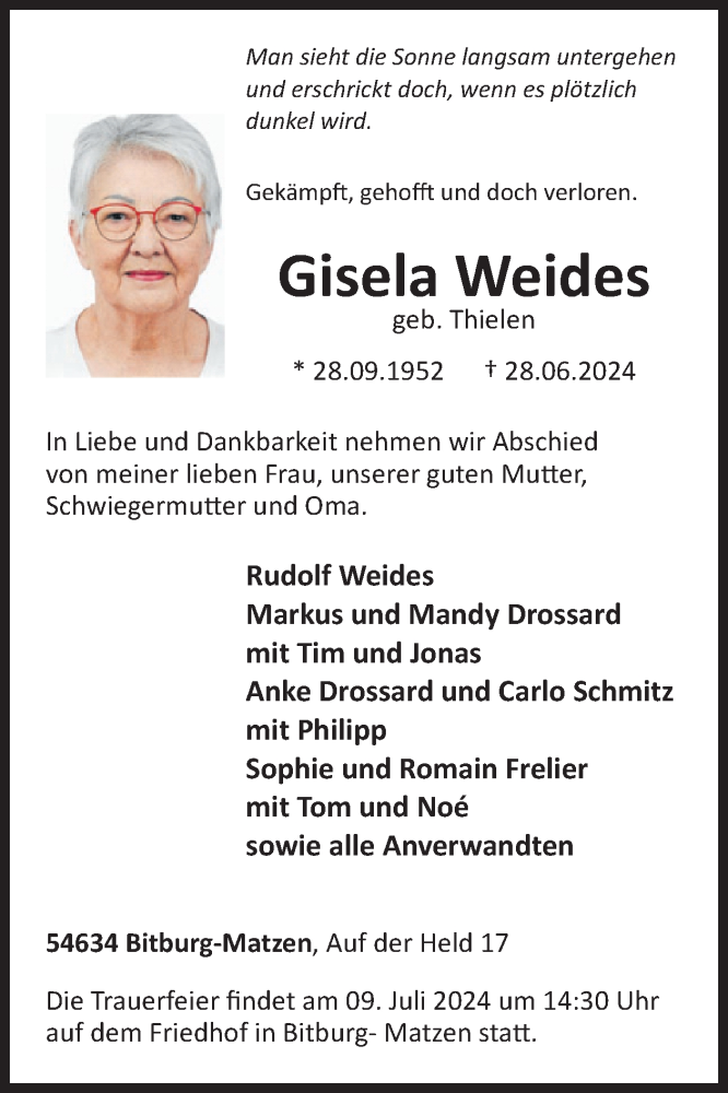  Traueranzeige für Gisela Weides vom 05.07.2024 aus WochenSpiegel