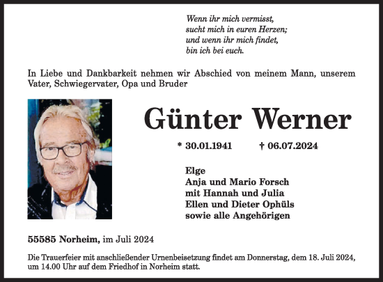 Traueranzeige von Günter Werner von WochenSpiegel