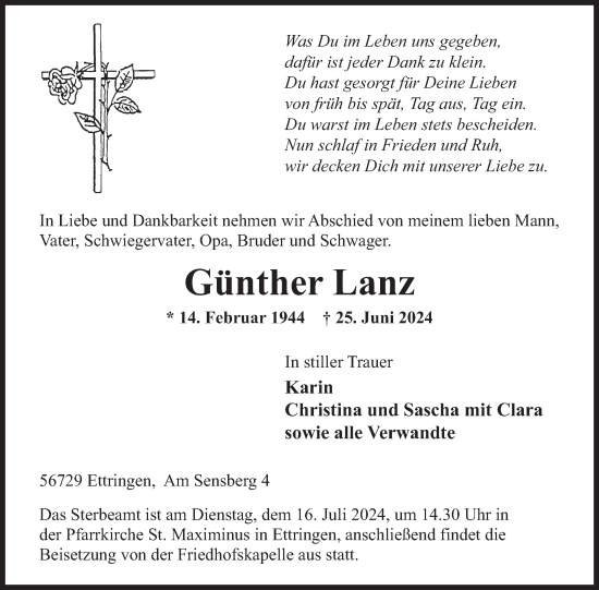 Traueranzeige von Günther Lanz von WochenSpiegel