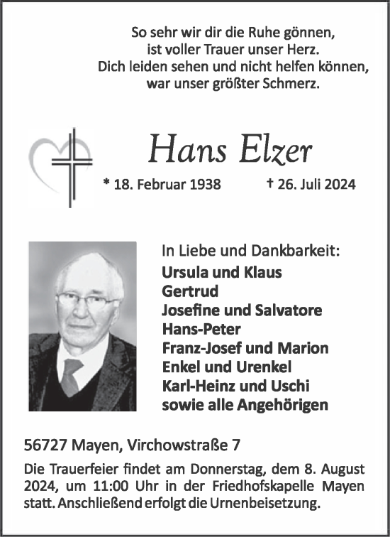 Traueranzeige von Hans Elzer von WochenSpiegel