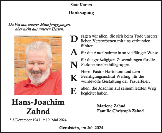 Traueranzeige von Hans-Joachim Zahnd von WochenSpiegel