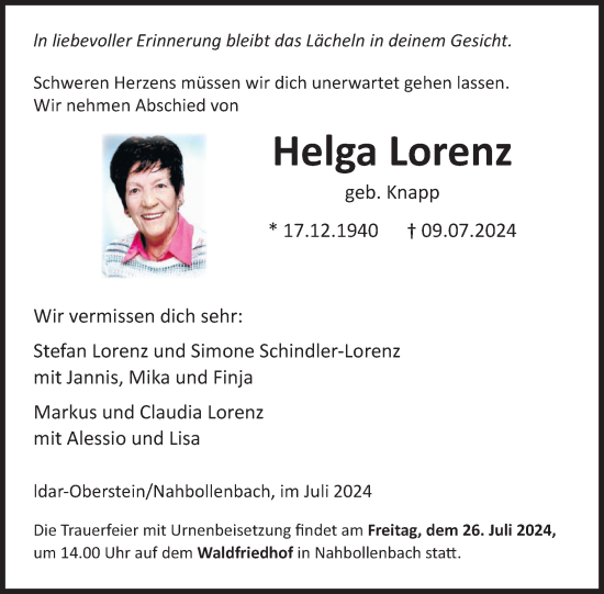 Traueranzeige von Helga Lorenz von WochenSpiegel