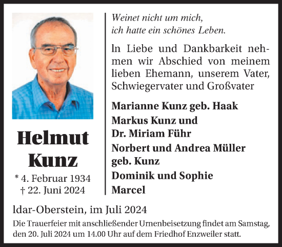 Traueranzeige von Helmut Kunz von WochenSpiegel