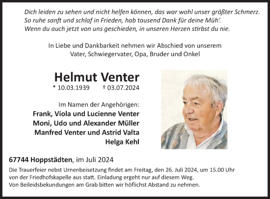 Traueranzeige von Helmut Venter von WochenSpiegel