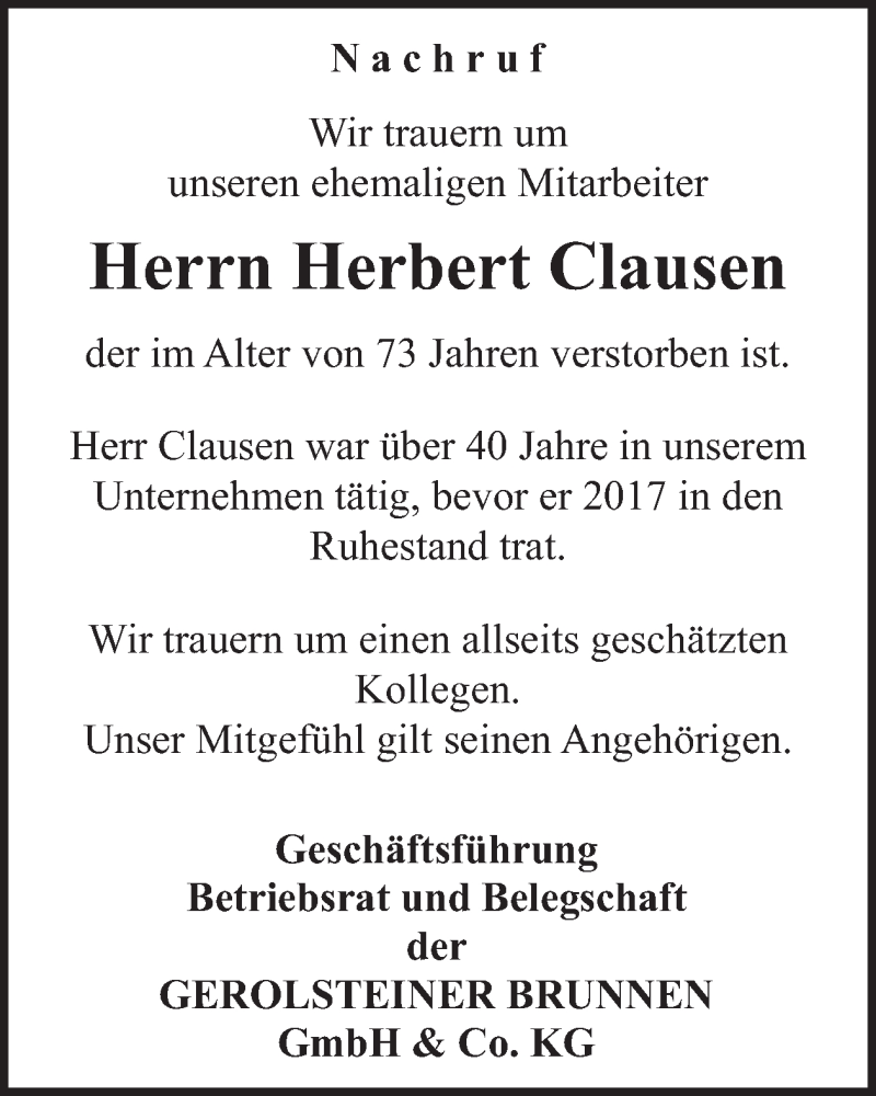  Traueranzeige für Herbert Clausen vom 20.07.2024 aus WochenSpiegel