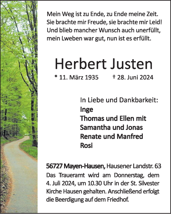 Traueranzeige von Herbert Justen von WochenSpiegel