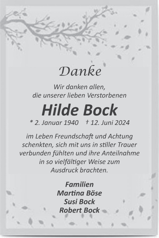 Traueranzeige von Hilde Bock von WochenSpiegel
