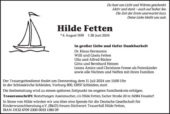 Traueranzeige von Hilde Fetten von WochenSpiegel