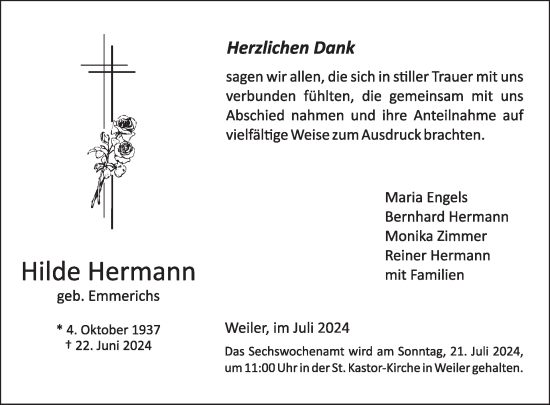 Traueranzeige von Hilde Hermann von WochenSpiegel