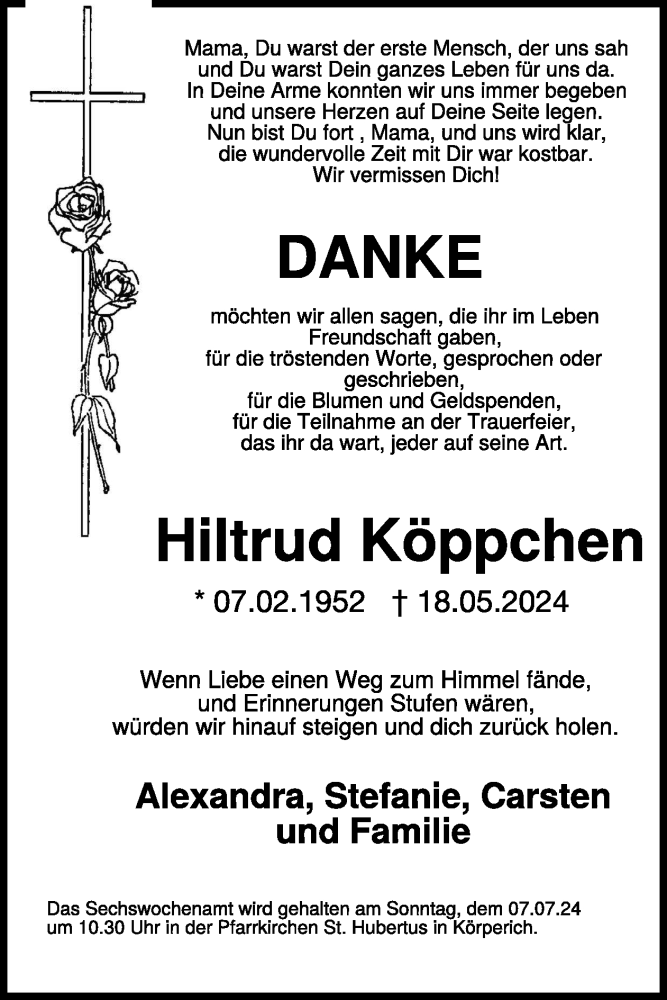  Traueranzeige für Hiltrud Köppchen vom 05.07.2024 aus WochenSpiegel