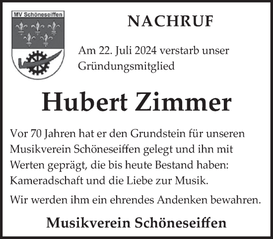 Traueranzeige von Hubert Zimmer von WochenSpiegel