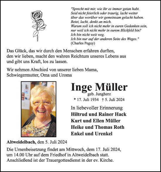 Traueranzeige von Inge Müller von WochenSpiegel