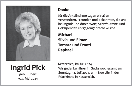 Traueranzeige von Ingrid Pick von WochenSpiegel