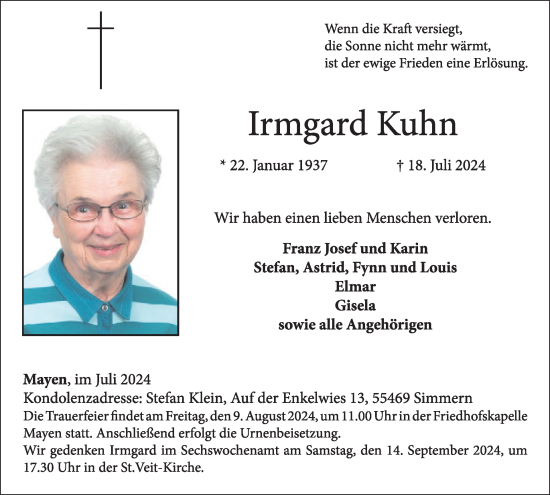 Traueranzeige von Irmgard Kuhn von WochenSpiegel