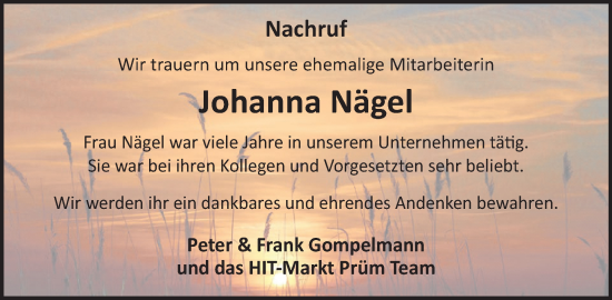 Traueranzeige von Johanna Nägel von WochenSpiegel