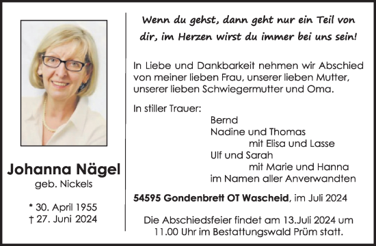 Traueranzeige von Johanna Nägel von WochenSpiegel