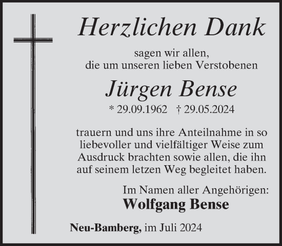 Traueranzeige von Jürgen Bense von WochenSpiegel