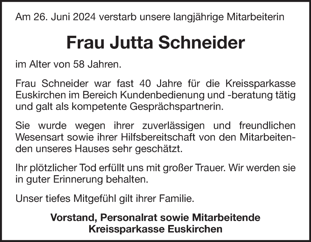  Traueranzeige für Jutta Schneider vom 03.07.2024 aus WochenSpiegel