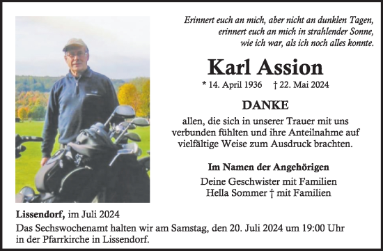 Traueranzeige von Karl Assion von WochenSpiegel