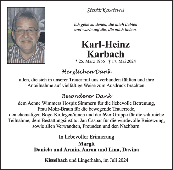 Traueranzeige von Karl-Heinz Karbach von WochenSpiegel