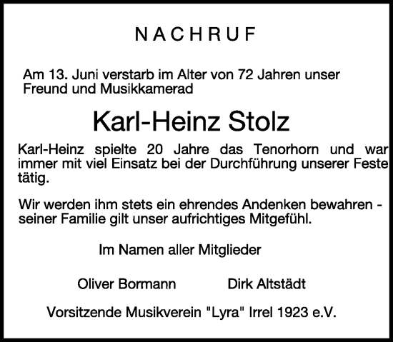 Traueranzeige von Karl-Heinz Stolz von WochenSpiegel