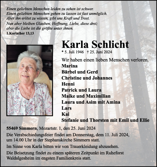 Traueranzeige von Karla Schlicht von WochenSpiegel