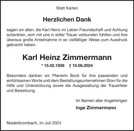 Traueranzeige von Karl Heinz Zimmermann von WochenSpiegel