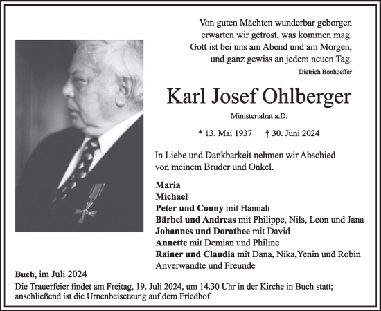 Traueranzeige von Karl Josef Ohlberger von WochenSpiegel