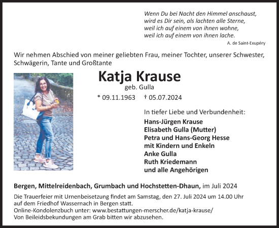 Traueranzeige von Katja Krause von WochenSpiegel