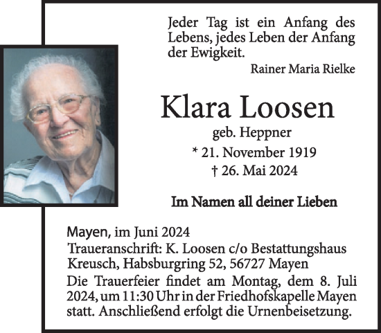 Traueranzeige von Klara Loosen von WochenSpiegel