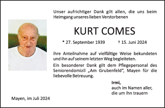 Traueranzeige von Kurt Comes von WochenSpiegel