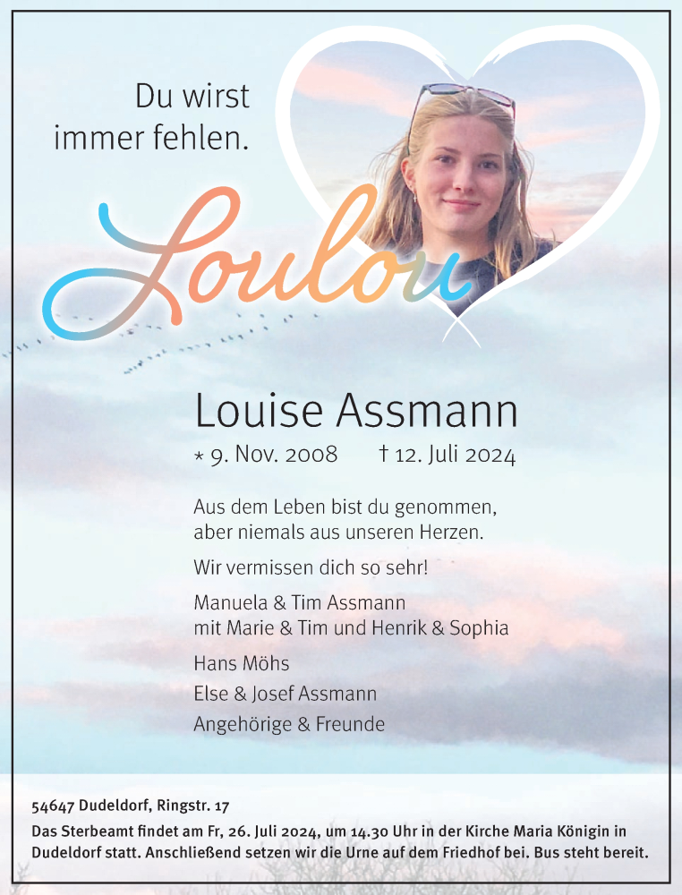  Traueranzeige für Louise Assmann vom 19.07.2024 aus WochenSpiegel