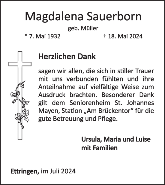 Traueranzeige von Magdalena Sauerborn von WochenSpiegel