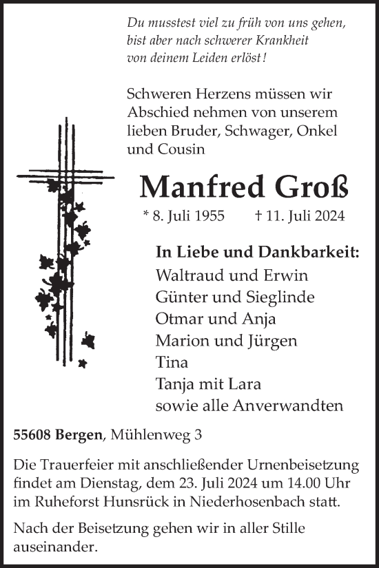 Traueranzeige von Manfred Groß von WochenSpiegel