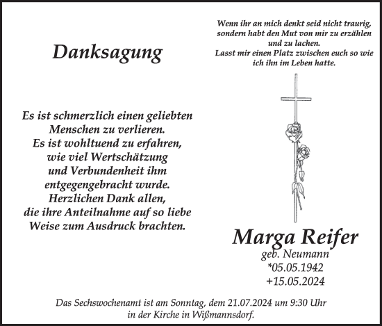 Traueranzeige von Marga Reifer von WochenSpiegel