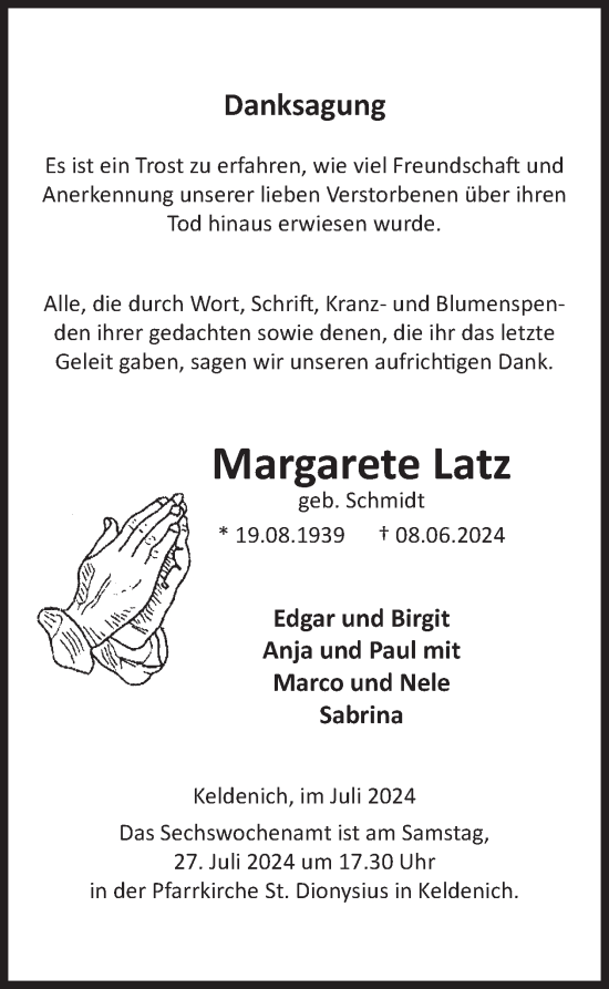 Traueranzeige von Margarete Latz von WochenSpiegel