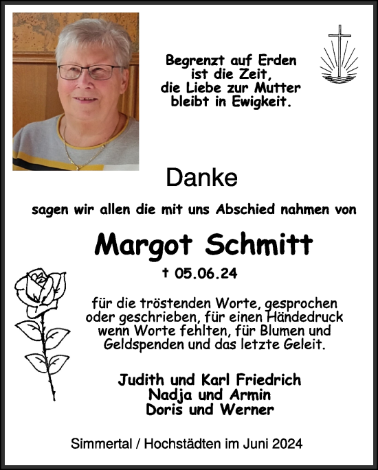 Traueranzeige von Margot Schmitt von WochenSpiegel
