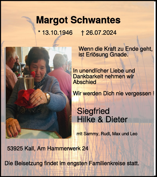 Traueranzeige von Margot Schwantes von WochenSpiegel